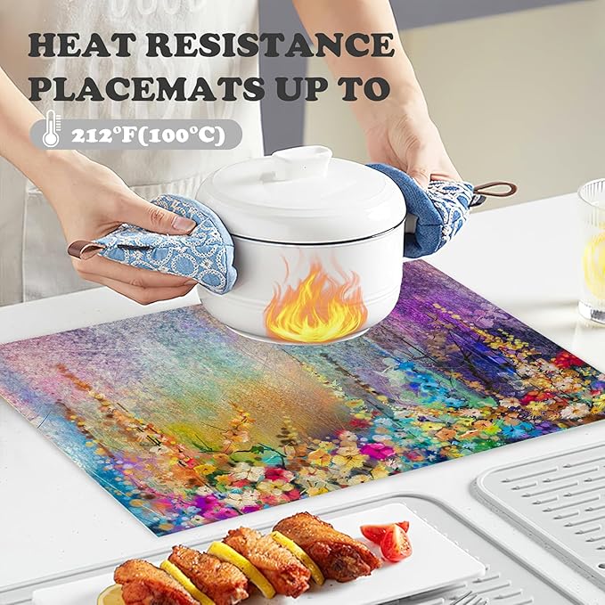 Placemats Set of 4 Abstract Watercolor Floral Dining Place Mats Linen Table Mat for Farmhouse Home Kitchen Decor 12 X 18 Inch