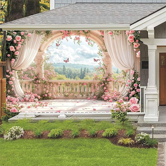 5X3ft Pink Floral Photography Backdrop, Retro Flowers Photography Backdrop Dreamlike Wedding Portrait Photo Background Wedding Birthday Party Background Banner Decor, Pink-1