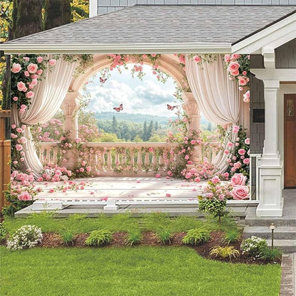 12X10ft Pink Floral Photography Backdrop, Retro Flowers Photography Backdrop Dreamlike Wedding Portrait Photo Background Wedding Birthday Party Background Banner Decor, Pink-1