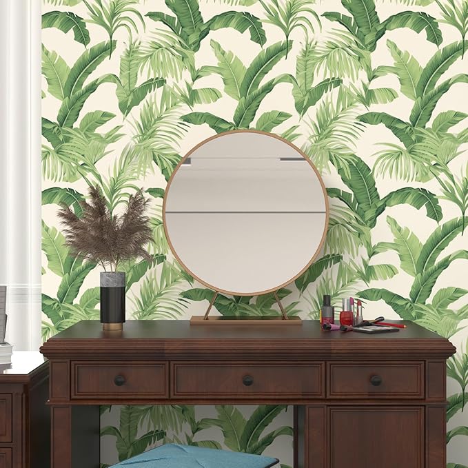 Green Leaf Wallpaper Peel and Stick, Beige Tropical Contact Paper 17.5" x 393.7", Palm Leaves Wall Paper Self Adhesive Waterproof Removable for Room Shelves Cabinet Drawer Table Decor