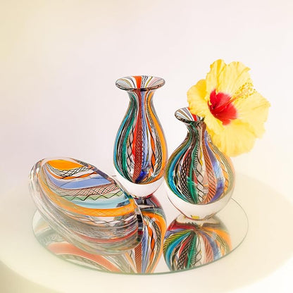 Ca D Oro Small Glass Vase Boho with Colored Canes Hand Blown Murano-Style Art Glass - Model Nº 2