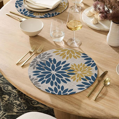 Artoid Mode Navy Yellow Dahlia Plastic Round Placemats Set of 4, 14 Inch Seasonal Wipeable Woven Vinyl Table Mats for Farmhouse Party Kitchen Dining Decor