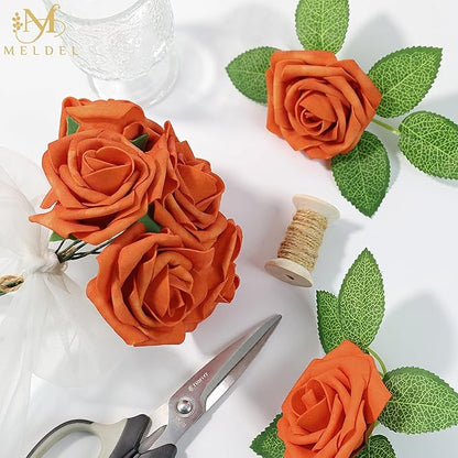 Meldel Artificial Flowers 50pcs Real Looking Orange Foam Fake Roses with Stems for DIY Wedding Bouquets Bridal Shower Centerpieces Floral Arrangements Home Decorations Bulk Rose