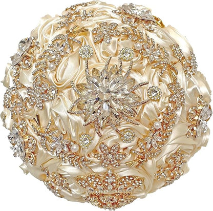 Handmade Satin Rose Floral Bling Pearl Decor Bridal Wedding Bouquet Rhinestone Pendant Artificial Brooch Flowers for Bride Bridesmaid Quinceanera