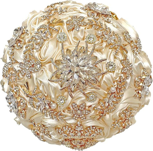 Handmade Satin Rose Floral Bling Pearl Decor Bridal Wedding Bouquet Rhinestone Pendant Artificial Brooch Flowers for Bride Bridesmaid Quinceanera