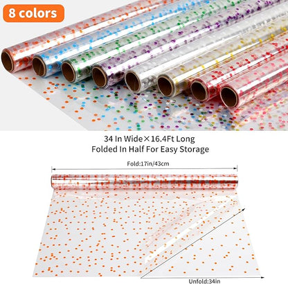 CMFYHM 8 Rolls clear Cellophane Wrap Roll (34 in x 16.4 ft x 8 Colors) Gift Baskets Wrap Roll,Extra Wide Transparent Polka Dots Cellophane Wrapping for Gift Baskets,Flowers, Candies, DIY Craft,Baby Shower, Easter,Halloween,Christmas