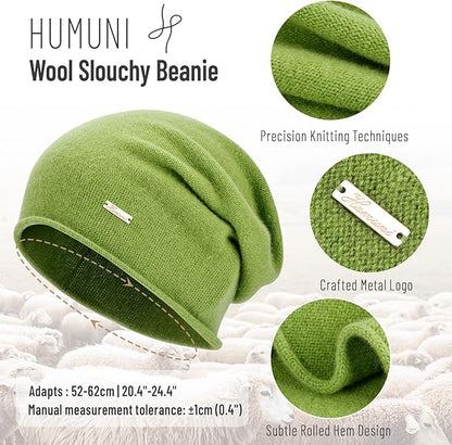 100% Wool Slouchy Beanie, Warm Beanie Hats for Women Breathable Knitting Skull Beanies Cap for Spring Fall Winter