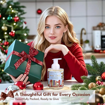 ROMIIE ZOI Christmas Foaming Hand Soap with Gift Box- Book Lover Design, Floral&Fruity Scented- Holiday Soap Gift for Bathroom Winter Home Decor, Stocking Stuffer- 500ml / 16.8oz