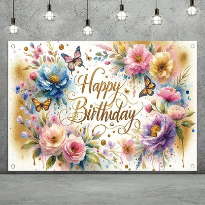 Floral Birthday Backdrop for Girls Spring Butterfly Happy Birthday Photography Background Pink Flower Blossom Plant Pastel Girls Lovely Princess Banner Photo Booth Studio 70.8 x 43.3 Inch