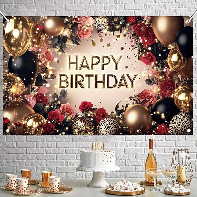 Red and Black Rose Happy Birthday Backdrop Banner Gold Balloon Photography Background Women Birthday Party Decorations Elegant Floral Birthday Supplies Photo Booth Props 71x43 Inch