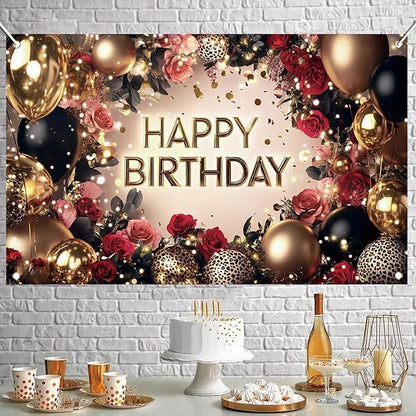 Red and Black Rose Happy Birthday Backdrop Banner Gold Balloon Photography Background Women Birthday Party Decorations Elegant Floral Birthday Supplies Photo Booth Props 71x43 Inch