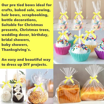 50 Pack 3" Satin Twist Tie Bows, Twist Bows for Treats, Ribbon Bows with Twist Ties Gift Wrap Bows, Pretied Bows Ties for Cake Pops, Baby Shower, Sweets Packaging, Party Favors, Gifts (Yellow)