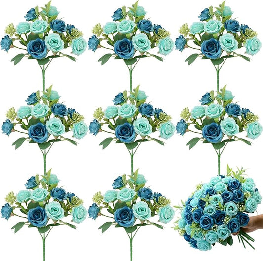 8 Pack Rose Artificial Flowers Bouquet, 10 Small Silk Rose Heads Per Pack, Fake Roses Bunches for Wedding Table Centerpieces Bridal Bouquet Mother's Day Valentine's Day Home Decor, Blue