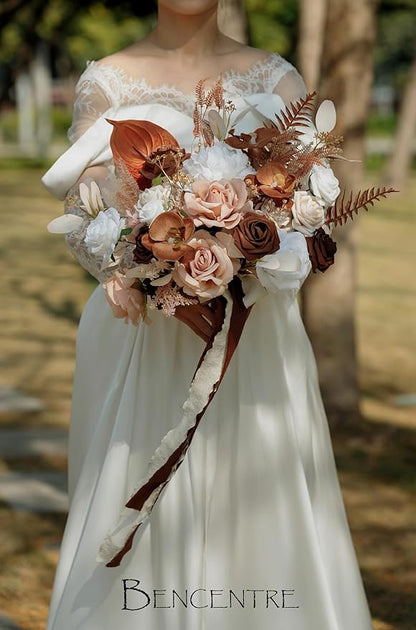 14 Inch Walnut Brown Bridal Bouquet,Wedding Bouquet,Bride Bouquets for Wedding Ceremony Anniversary, Boho Wedding,Party and French Rustic Vintage Wedding,Artificial Flowers