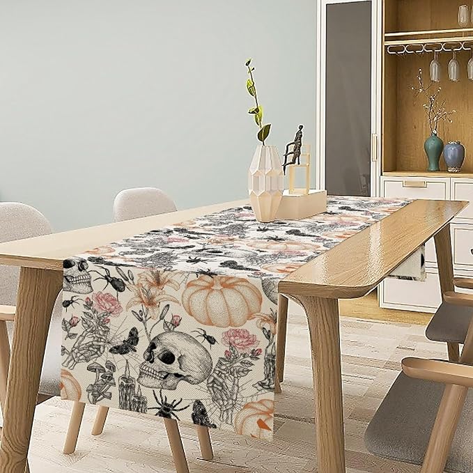 Gothic Table Runner,Black White Skull Moth Pumpkin Halloween Table Runner for Home Kitchen Table Dining Garden Farmhouse Wedding Party Decor 13x70 Inch