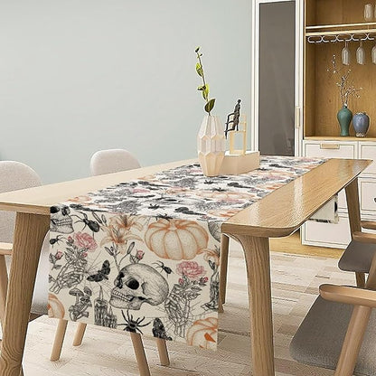 Gothic Table Runner,Black White Skull Moth Pumpkin Halloween Table Runner for Home Kitchen Table Dining Garden Farmhouse Wedding Party Decor 13x70 Inch