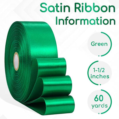 Green Ribbon 1-1/2 Inch x 60 Yards, Green Satin Ribbon for Crafts, Gift Wrapping, Flower Bouquet, Handmade Roses, Christmas, Wedding and Festival Decor
