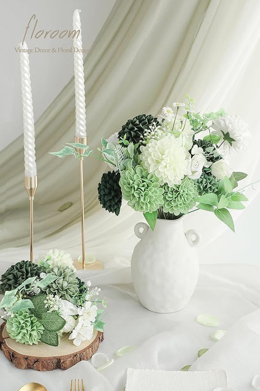 Floroom Artificial Dahlia Flowers 25pcs Real Looking Forest Green Shades Foam Fake Roses with Stems for DIY Wedding Bouquets Bridal Shower Centerpieces Sage Green Floral Arrangements Tables Decoration