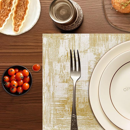 Yellow Beige Placemats Set of 6,Washable Heat Resistant 12×18 Inch Linen Table Mats Modern Place Mats for Party Outdoor Dining Décor