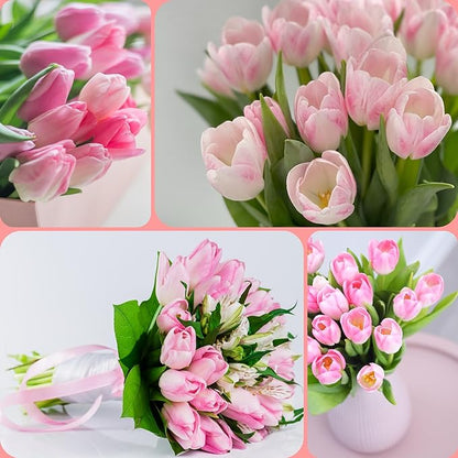 Sggvecsy 15 Pcs Fake Tulips Artificial Flowers Real Touch PU Faux Flowers Tulip Stems for Wedding Spring Bouquet Floral Arrangement Home Party Office Decorations for Mother's Day (Light Pink)