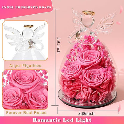 Beferr Christmas Birthday Gifts for Women, Mom Gifts for Christmas Fresh Flowers for Delivery Prime Forever Preserved Rose in Glass Angel Figurine Xmas Gifts for Grandma Wife Sister Her, Rose Pink