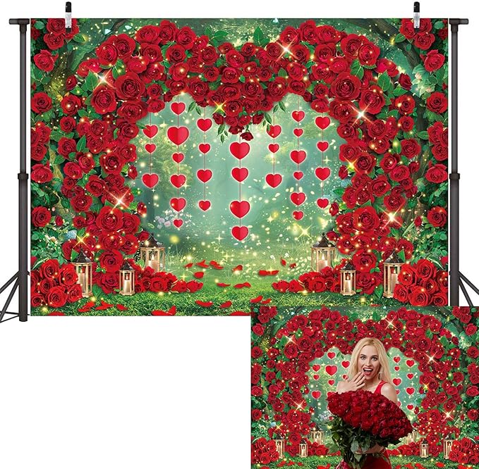 Valentine's Day Backdrop Red Rose Love Heart Garden Photography Background Floral Wedding Bridal Shower Birthday Party Decorations Photo Banner Props (82x59inch(7x5FT))