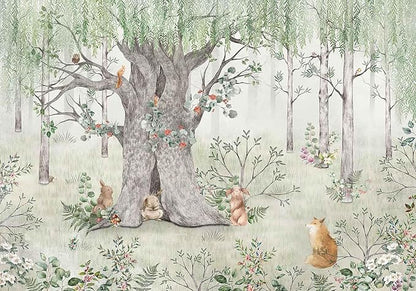Green Forest Wallpaper Fox Pine Mouse Big Tree Mural for Children's Room Living Room Bedroom (Not Self-Adhesive)