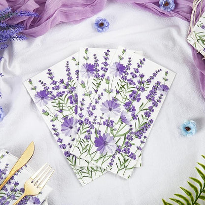 Homlouue Purple Lavender Floral Napkins, 100PCS 3 Ply Guest Towels Disposable Bathroom, Floral Paper Napkins Disposable, Flower Paper Napkins Decorative for Spring Summer Fall Party Decorations