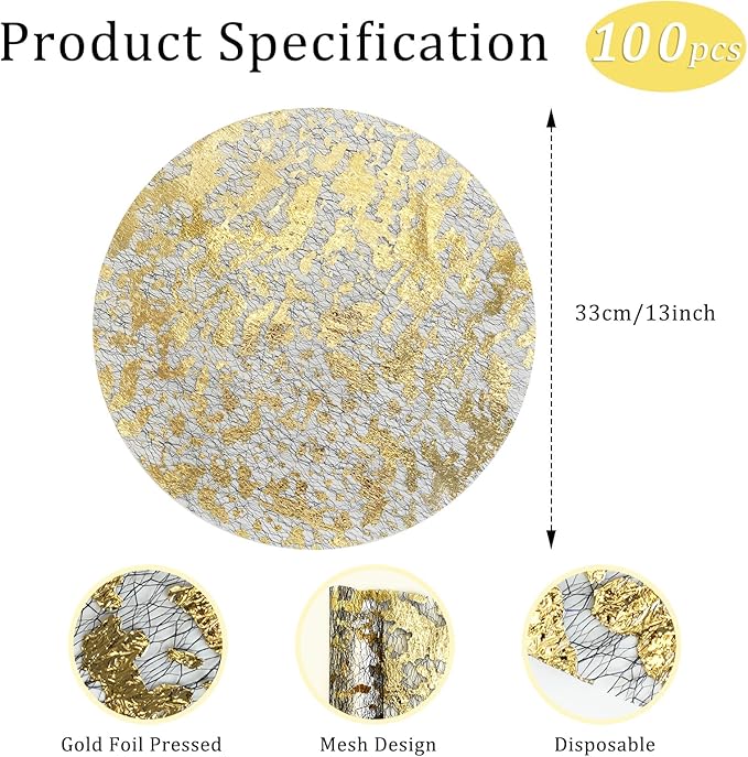 Hysenm 100 Pcs Disposable Gold Placemats Set Metallic 13 Inch Round Foil Mesh Pressed Table Doilies, Ultra-Thin Disposable Placement Mats for Home Decoration Dining Table Wedding Birthday Party