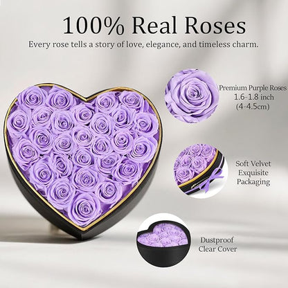 27 Preserved Roses in Heart Shape Gift Box for Her - Forever Flowers for Delivery, Eternal Rose Mothers Gifts for Mom, Wife Anniversary Birthday Gifts for Women, Purple