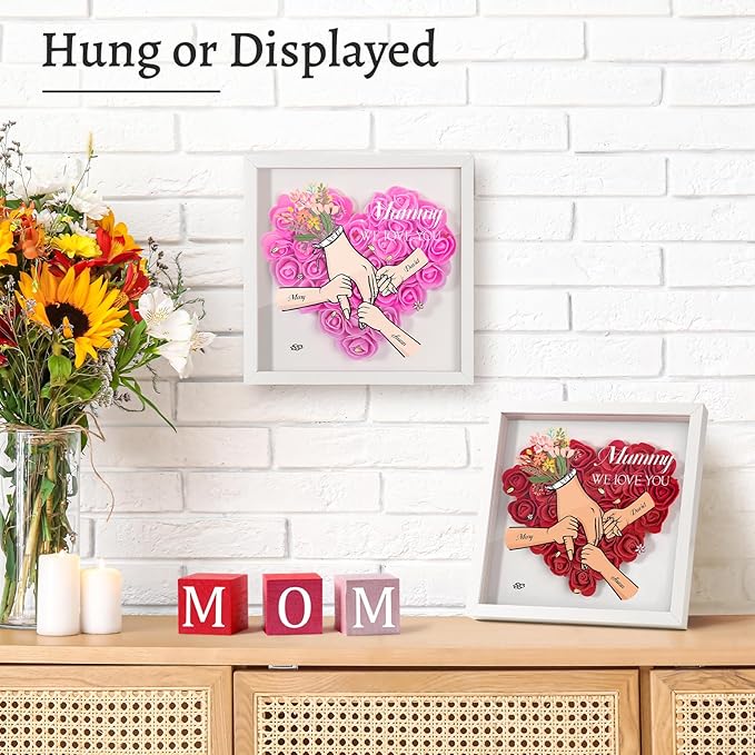 Mom We Love You - Personalized Flower Shadow Box with Names, Christmas Mothers Day Flower Box Gifts for Mom (Style 4-Hand in Hand)