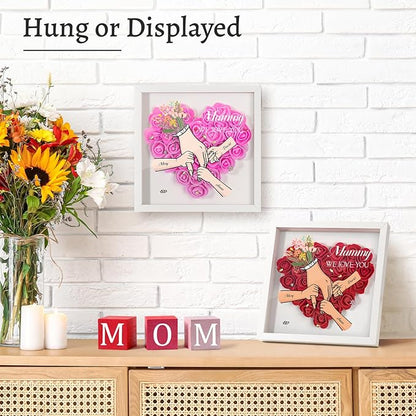 Mom We Love You - Personalized Flower Shadow Box with Names, Christmas Mothers Day Flower Box Gifts for Mom (Style 4-Hand in Hand)