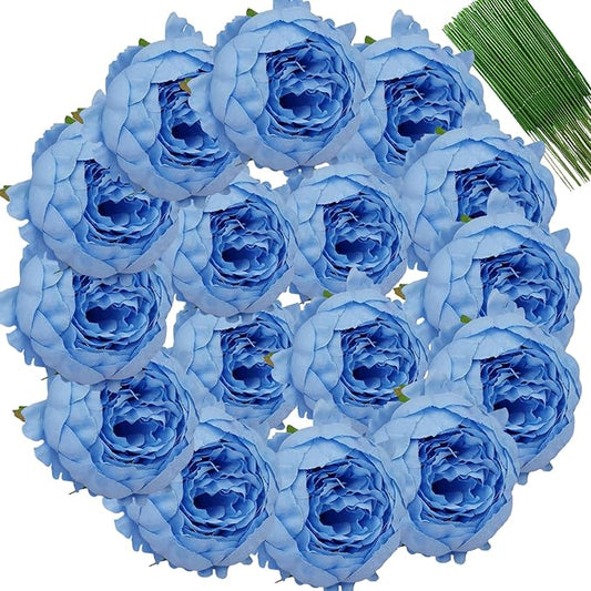 FagusHome 25 Pcs Silk Peony Artificial Flower Heads 4 inch Fake Peony Flowers Heads with Stems Artificial Peony Flower Heads in Bulk Wholesale for Wedding Home Decor (Light Blue)
