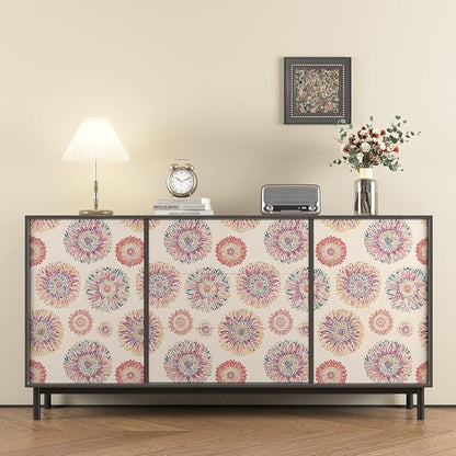 Beige Boho Wallpaper Peel and Stick, Vintage Circle Floral Contact Paper 17.5" x 393", Abstact Retro Blue/Pink Flower Wall Paper Self Adhesive Removable Waterproof for Walls Shelves Cabinet Table
