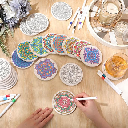 10 Pcs Ceramic Coasters for Drinks Color Your Own Coaster Set DIY Absorbent Cup Mat with 12 Markers and Cork Base Gift Arts and Crafts for Coffee Table Apartment Bar Home Decoration (Mandala)