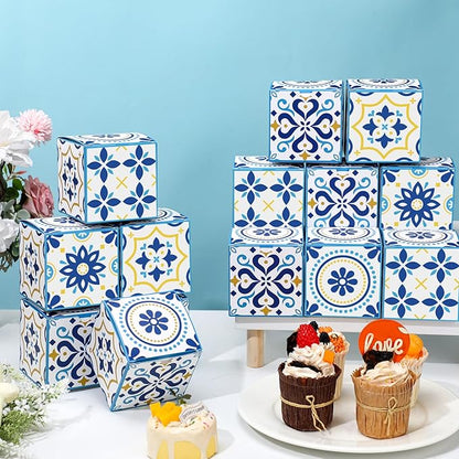 TecUnite 50 Pcs 3x3x3'' Amalfi Coast Party Gift Boxes Amalfi Coast Party Favor Candy Boxes Decorations Small Blue Yellow Paper Packaging Bags for Wedding Birthday Baby Shower Supplies
