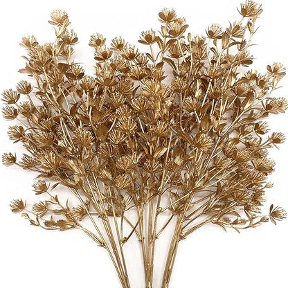 Christmas Artificial Flowers, Golden Baby Breath Gypsophila Plastic Plant Fake Plants for Wedding Bridal Bouquet Party Indoor DIY Home Office Table Centerpieces Arrangements Decoration - Gold 3 Pack