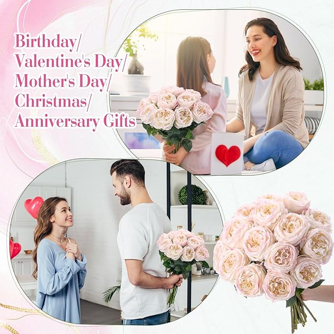 Giegxin 20 Pcs Real Touch Peonies Austin Roses Artificial Flowers, Faux Look Real Long Stems Fake Flower with Big Blooms for Christmas Valentines Wedding Party DIY Arrangement Home Decor(Light Pink)