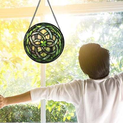 Stained Glass Window Hanging, Abstract Green Clover Sun Catchers Colorful Glass Panel Bless Suncatcher Decor for Birthday for Women, Men, Wife, Aunt, and Mom 6.3 in