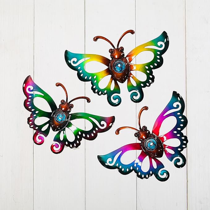Garden Decor Clearance Metal Butterfly Wall decor 3D Wall Art Hanging Christmas for Patio Fence, Set of 3, 9 inch, Indoor Outdoor Christmas Gift for Family