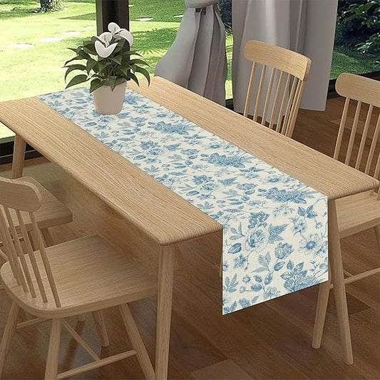 Blue Floral Table Runner, Spring Summer Sketch Wildflower Vintage Country Farmhouse Coffee Table Center Decor for Home Kitchen Dining Patio Holiday Party Table Decorations 13x36 inches
