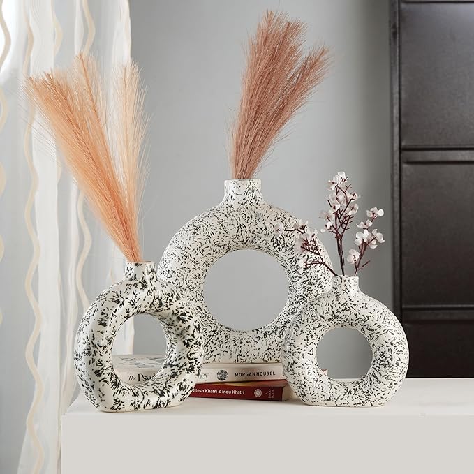 Ajuny Donut Vase Set of 3 – White & Grey Ceramic Hollow Vases for Pampas Grass, Modern Boho Home Decor, Table Centerpiece, Wedding, Living Room, Office, Bedroom (8", 6", 4")