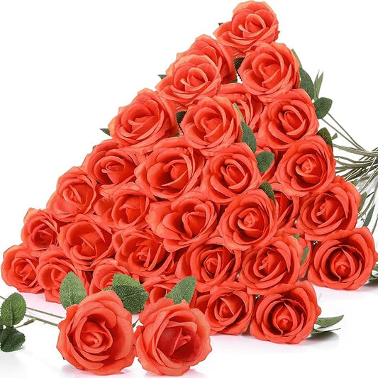 Jexine 60 PCS Artificial Roses Bulk Silk Flowers with Long Stems, Realistic Faux Rose Bouquet for Wedding Centerpieces, Valentine’s Party, Home Decor(Orange)