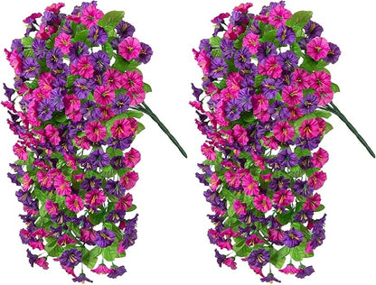 Artificial Fake Hanging Flowers Plants for Outdoor Decoration, 2PCS Faux Silk Morning Glory Long Vines Stems UV Resistant Look Real for Spring Summer Outside Home Porch Patio(Violet Red Purple)