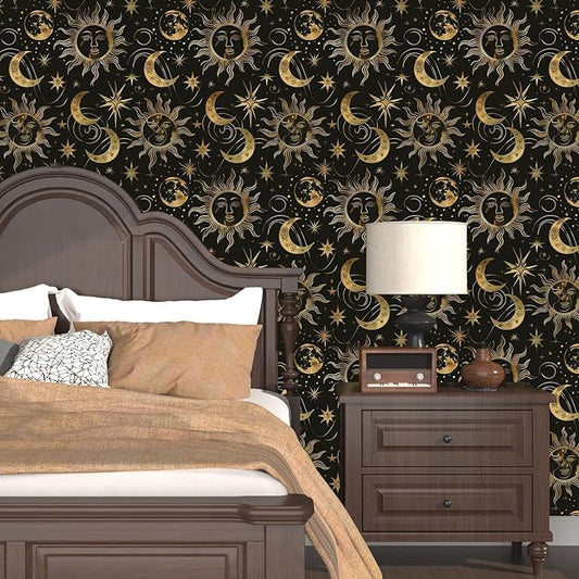 Black Peel and Stick Removable Vintage Wallpaper Gold Celestial Sun Moon Star Contact Paper 17.5" x 393" Dark Boho Mural Waterproof for Wall Bedroom Kitchen Bathroom Cabinet Room Decor