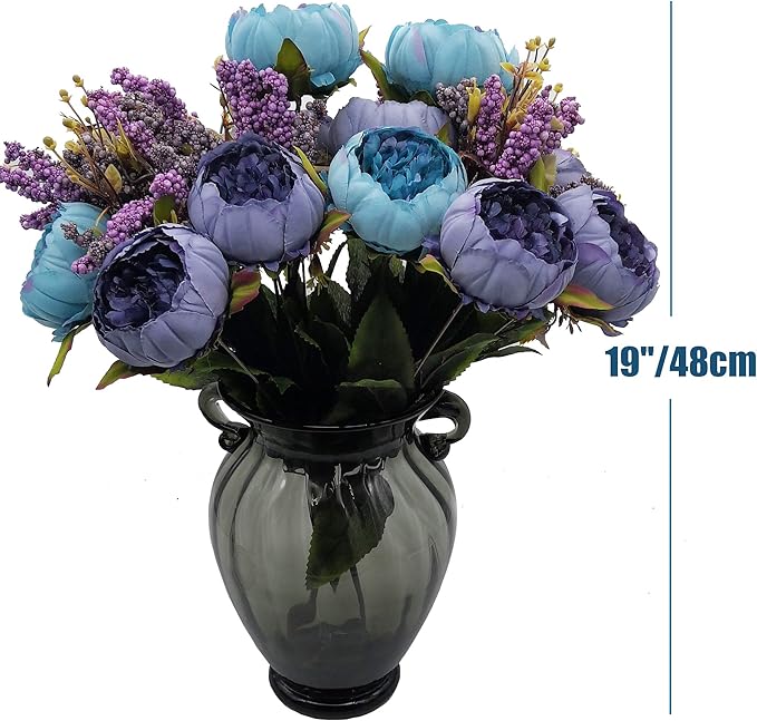 1pcs Artificial Peony Bouquet,19 Inch Silk Peony Bunch with 7 Faux Flowers,Classical Style Artificial Flowers with Leaves and Ornaments for Wedding,Home Décor Centerpieces(Blue)
