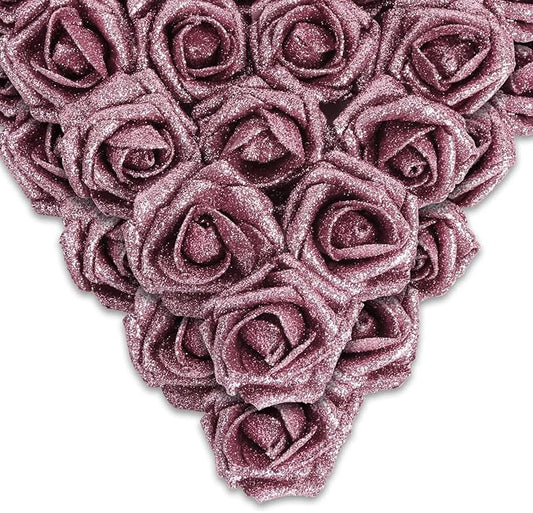 IPOPU Fake Roses,50PCS Rose Gold Flowers Artificial Glitter Roses with Stems for Crafts DIY Wedding Bouquet Home Party Decoration(Rose Gold)
