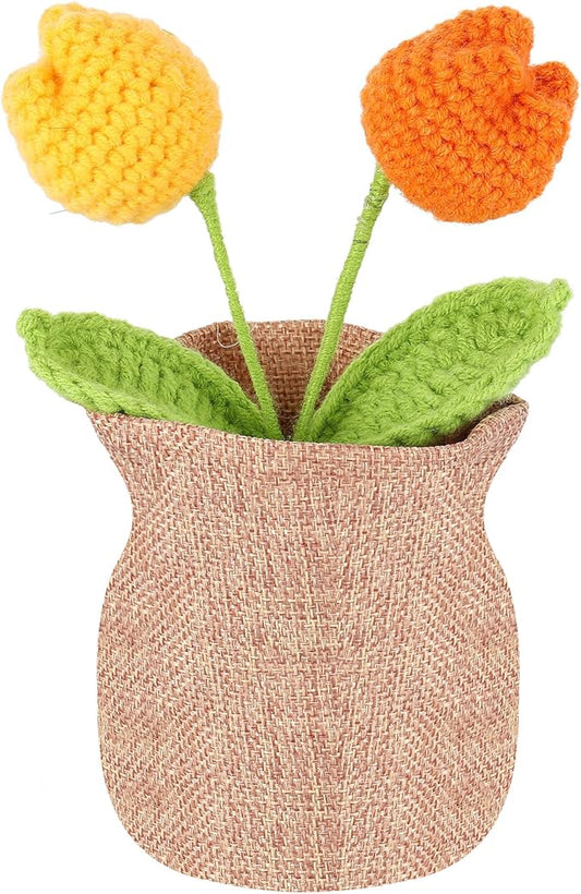 Crochet Flowers Potted for Gifts - Cute Desk Decor, Birthday Gifts for Women, Christmas for Coworker, Halloween Basket & Table Decoration. Orange Gradient Tulip