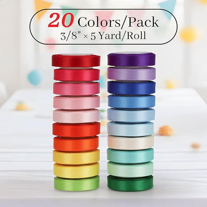 Rainbow Satin Ribbon Set – 20 Colors, 3/8" x 5 Yards Each, 100 Yards Total, Double-Faced Colorful Satin Ribbons for Gift Wrapping, Hair Bows, Wedding & Party Decorations, DIY Crafts
