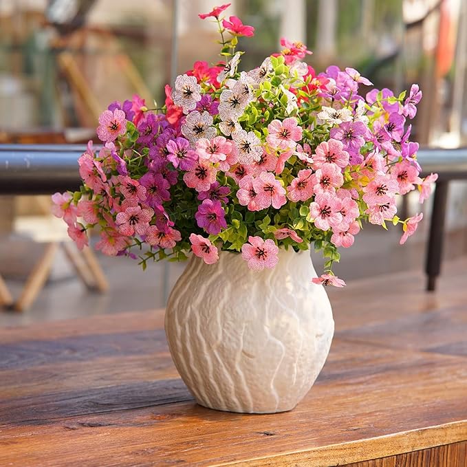 Artificial Flowers for Outdoor Indoor Garden Home Decoration, Faux Flower Daisy with Eucalyptus Leaves Fake Plants Greenery Boxwood Porch Patio, 10 Bundles (Purple-Pink)